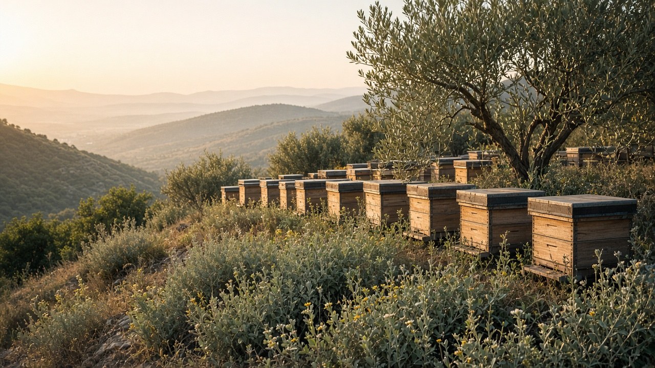 Golden-hour light on wooden hive boxes along the Carmel ridge
