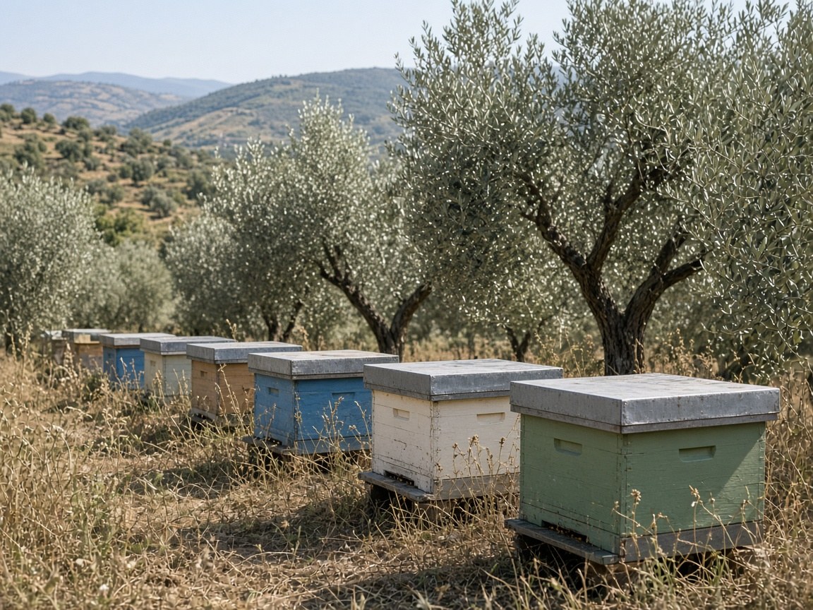 Rows of painted hive boxes on a Carmel terrace