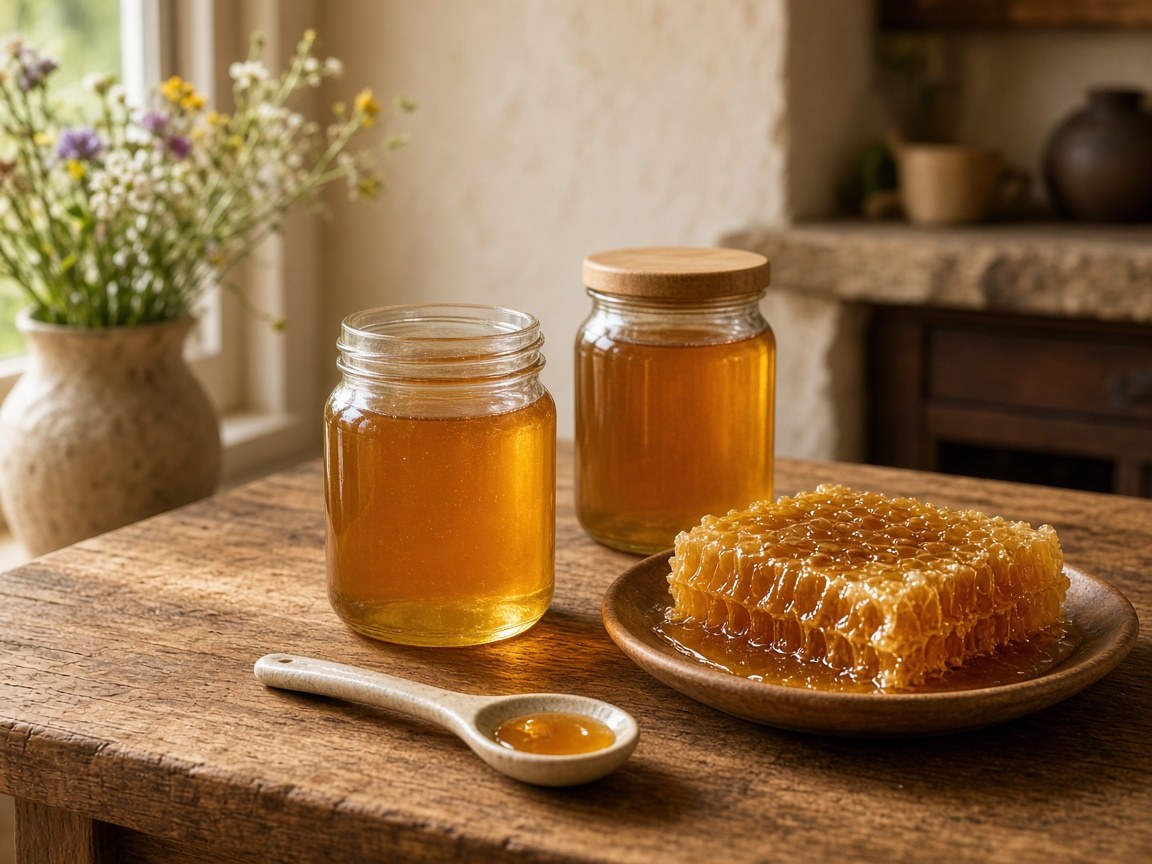 Glass jars of seasonal Carmel honeys on a wooden shelf