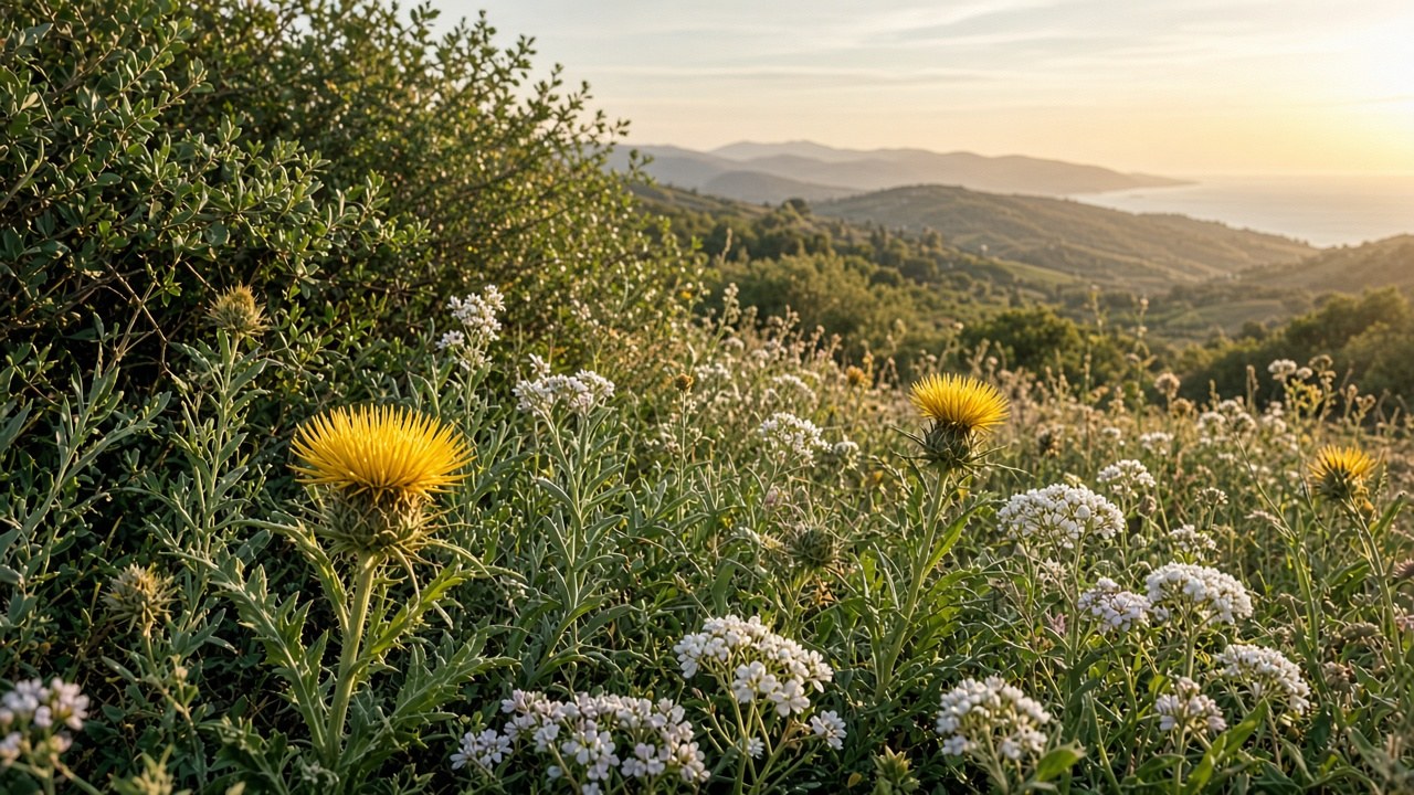 Wildflower slope on the Carmel with hives in the distance