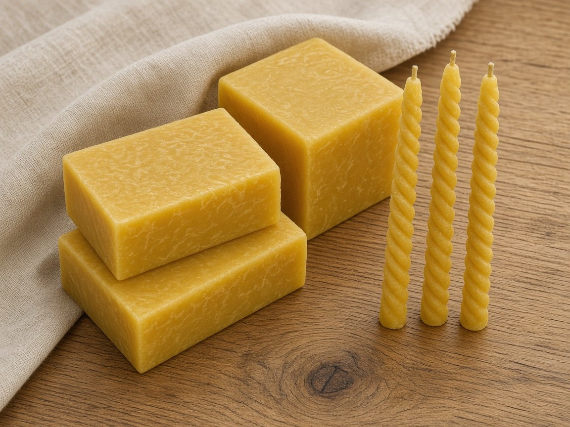 Beeswax blocks and dipped tapers on a wooden bench